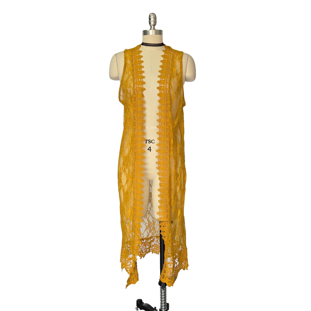 Vintage Y2K Mustard Yellow Lace Duster Vest Size L Festival Long Kimono Crochet